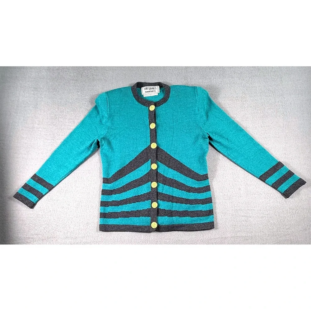 VTG 80s Don Sayres Wellmore Cardigan Wool Rayon USA Teal Gray Womens M Americana - Picture 3 of 9
